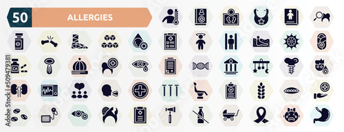 allergies filled icons set. glyph icons such as fever, dental checkup, platelet, pollen, dental care, crib mobile, donors, health report, tensiometer, lactose intolerant icon.