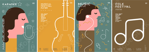 Music poster. The girl sings. Contrabass. A man wearing headphones. A set of vector illustrations. Minimalistic design. Cover, print, banner, flyer.
