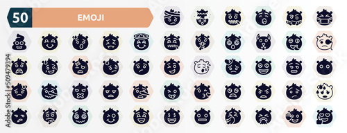 emoji filled icons set. glyph icons such as emoji with head-bandage emoji, sick smiling with halo stupid embarrassed weird silent slightly frowning thinking expressionless icon.
