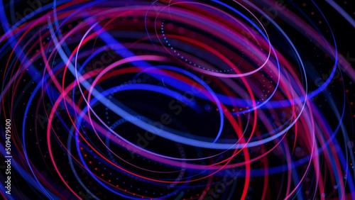 3d render. Light flow form ring structure. Light effect as abstract background with light trails, stream of multicolor neon lines in space form rings. Modern trendy motion design background.