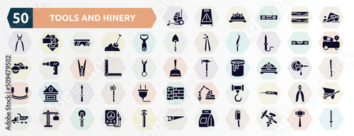 tools and hinery filled icons set. glyph icons such as bulldozing, planer, peeler, level gauge, corner ruler, torch helmet, screwdriver pointing up, crane hook, tall crain, washing powder icon.