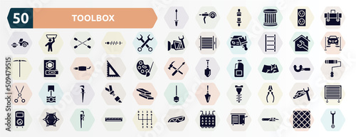 toolbox filled icons set. glyph icons such as garage screwdriver, businessman portfolio, double wrench, house, , windshield, adjustable spanner, garage screw, benzene, fuse box icon.