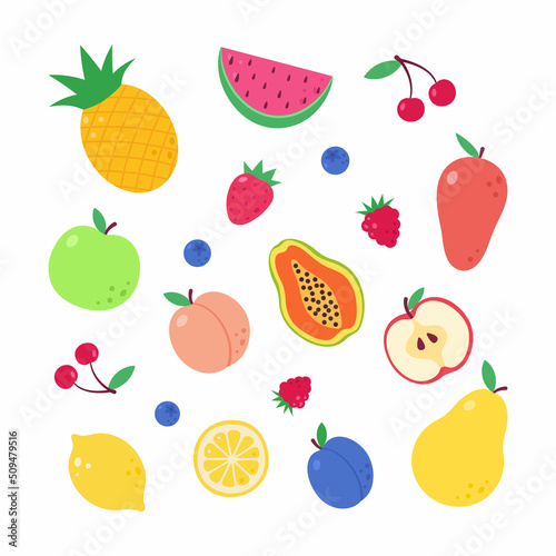Fototapeta Naklejka Na Ścianę i Meble -  A set of different fruits and berries. Collection of organic vitamins and healthy nutrition. Watermelon, pineapple, apple, strawberry. Color flat vector illustration isolated on a white background.