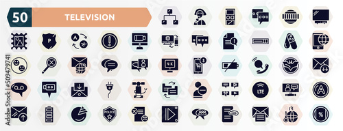 television filled icons set. glyph icons such as ethernet, , videocall, tablets, bubble chat, voip, incoming mail, message types, full battery, group chat icon.