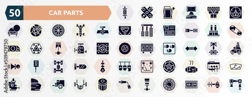 car parts filled icons set. glyph icons such as car silencer, car ammeter, rear-view mirror, distributor cap, carburettor, indicator, axle, tyre, trim, piston icon.
