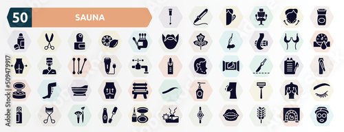 sauna filled icons set. glyph icons such as nail brush, epilator, earbuds, breast reduction, electric razor, scalpel, bathtube, nipple, eyelashes curler, wrist watch icon.