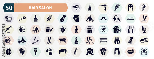 hair salon filled icons set. glyph icons such as hairdryer and comb, woman with long hair, shaving brush, , bubbles, barber, razor hair salon tool, spa bed, barefoot, woman icon.