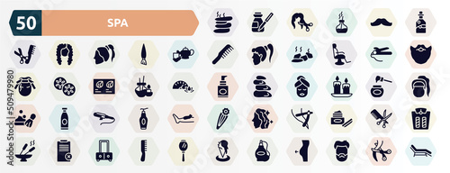 spa filled icons set. glyph icons such as hot stone, essential oil, herbal, hair straighter and hair curler, aromatherapy, wax, curler, razor to cut hairs, disclaimer, perfume bottle icon.