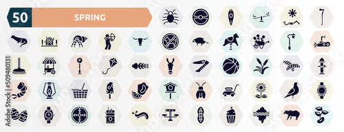 spring filled icons set. glyph icons such as flea, axe, bull, streetlight, kite, reeds, food basket, lawn mower, wristwatch, plankton icon. photo