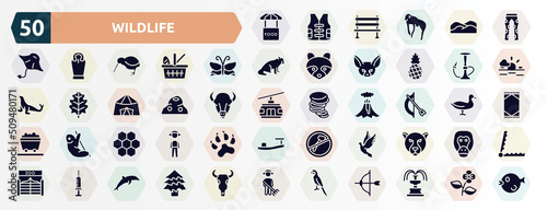 wildlife filled icons set. glyph icons such as food stand, fatigue, butterflies, hookah, anthill, bow and arrow, moss, dove, syringe, parrot icon.