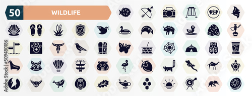 wildlife filled icons set. glyph icons such as puffer fish, manta ray, dove, anthill, crow, jaima tent, shell, red panda, fennec, hive icon.
