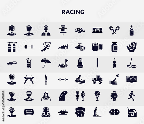 racing filled icons set. glyph icons such as kickboxer, paddock, gas cilinder, bike helmet, sledding, polo player, fin, dive computer, bobsled icon.