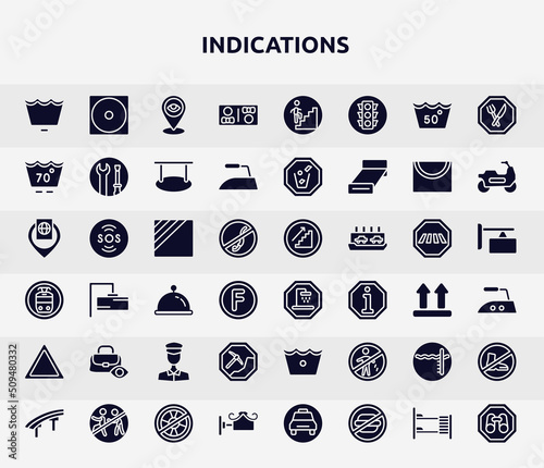 indications filled icons set. glyph icons such as wash cycle permanent press, restroom, 70 degrees maximun agitation, dry in shade, shower place, watch your belongings, mining work zone, pool depth,