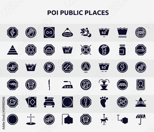 poi public places filled icons set. glyph icons such as school zone, hanging, pyramidal structure, p inside a circle, sick people not allowed, , circle inside square, no littering, ornamental,