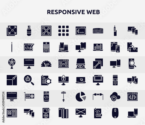 responsive web filled icons set. glyph icons such as full screen, nine squares, pencil, code rate, laptop with arrow, gfx card, usb charger, descendant, case icon.