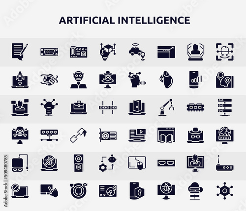 artificial intelligence filled icons set. glyph icons such as blogging, invention, missile, job opportunities, video lesson, no virus, synchronizing, talk show, lp player icon.