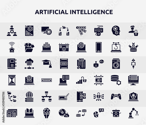 artificial intelligence filled icons set. glyph icons such as work team, file sharing, smarthome, graduation cap, open data, learning, edit text, computer game, burn cd icon.