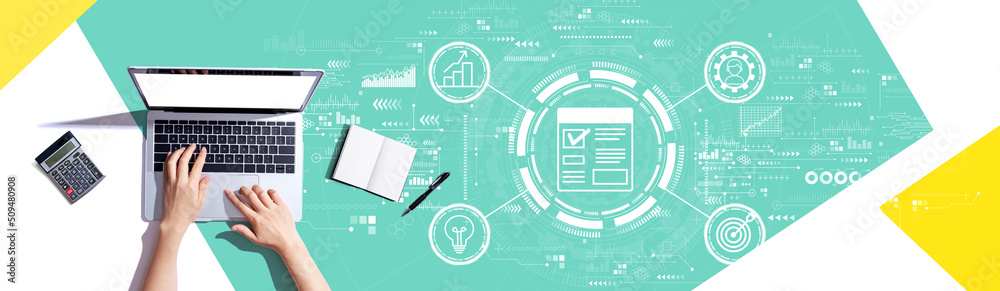 Project management theme with person using a laptop computer Project management theme with person using a laptop computer