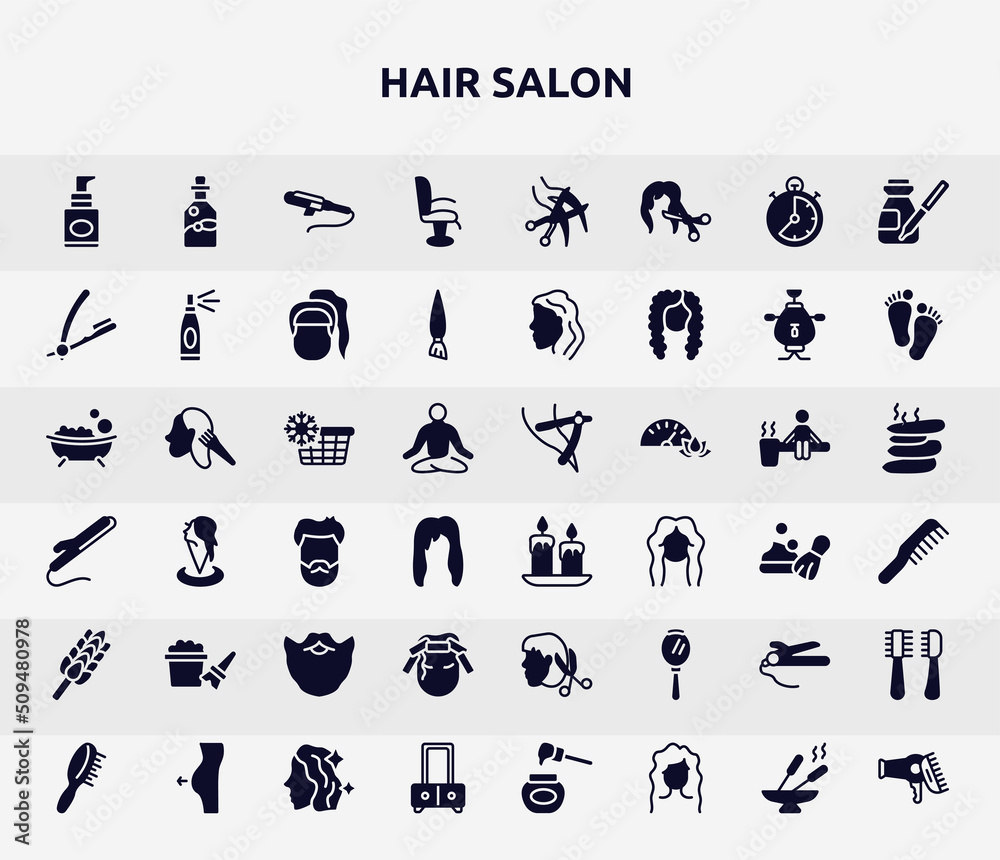 hair salon filled icons set. glyph icons such as foundation, chair side view, razor hair salon tool, cold water, wax, bubbles, curlers, hair straighter and curler, dressing table icon.