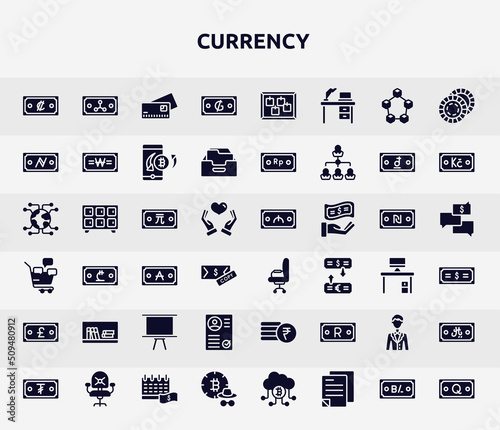 currency filled icons set. glyph icons such as colon, guarani, namecoin, new taiwan dollar, office chair, book shelf, curriculum, clerk, incognito icon.