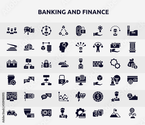 banking and finance filled icons set. glyph icons such as intuitive, distributed, puncher, encrypted, online money, graphic card, graph line, charismatic, high icon.