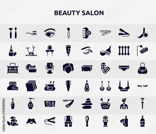 beauty salon filled icons set. glyph icons such as makeup brushes, two hairpins, inclined lipstick, makeup mirror, big perfume bottle, liquid soap, straight razor, hot stone massage, women waist,