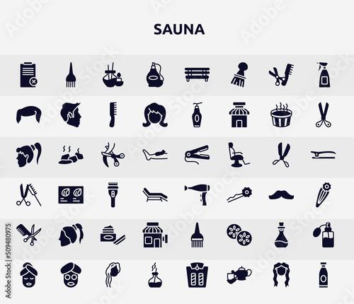 sauna filled icons set. glyph icons such as disclaimer, perfume bottle, boy hair shape, scissors cutting hair, hairdryer side view, ponytail hair, barber, essence, scent icon.