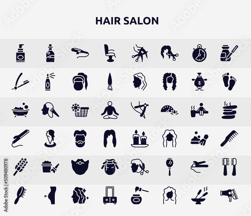 hair salon filled icons set. glyph icons such as foundation  chair side view  razor hair salon tool  cold water  wax  bubbles  curlers  hair straighter and curler  dressing table icon.