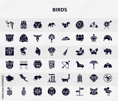 birds filled icons set. glyph icons such as fatigue, elephants, jaguar, manta ray, bow and arrow, lizard, relics, chimpanzee, baboon icon.