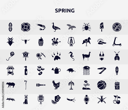 spring filled icons set. glyph icons such as plankton, goose, leaf insect, geology, porcupine, axe, hen, basketball ball, mussel icon.