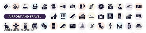 airport and travel filled icons set. glyph icons such as luggage tag, no mobile phones allowed, compass with white face, use bin, luggage checking, mother and son, smartphone with wifi, qr code