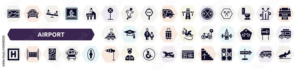 airport filled icons set. glyph icons such as navigator, no stopping, railroad crossing, hackney carriage, bike parking, round hotel, parking ticket, wind flag, ascending stairs icon. airport filled icons set. glyph icons such as navigator, no stopping, railroad crossing, hackney carriage, bike parking, round hotel, parking ticket, wind flag, ascending stairs icon.