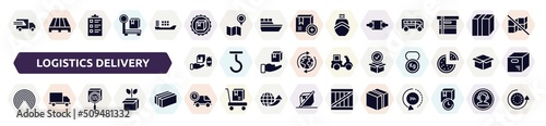 logistics delivery filled icons set. glyph icons such as fast transport, certified packaging, clamp as indicated, cash on delivery, package for delivery, airdrop, scan package, logistics times,