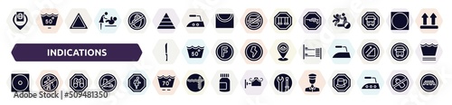 indications filled icons set. glyph icons such as inmigration check point, pyramidal structure, hunting zone, strong knife, dormitory, dry low heat, site seeing place, 70 degrees maximun agitation,