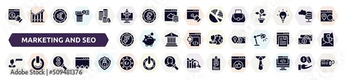 marketing and seo filled icons set. glyph icons such as monetizing, rocket launch monitor, women bag, swiss franc coin, currency security, user review, currency search, krone circular, favorite web, © VectorStockDesign