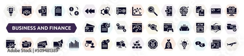 business and finance filled icons set. glyph icons such as light modern lamp tool  two left arrows  mobile marketing  rectangular  game developing  add link    marketing seminar  big dollar bag 