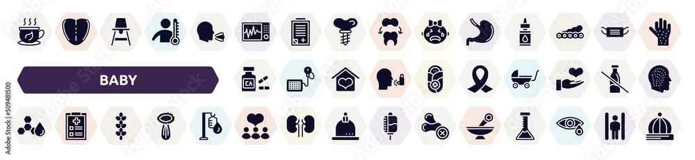 baby filled icons set. glyph icons such as herbal tea, icu, stoh, calcium, funeral, trans fat, lupin, donors, alternative medicine icon.
