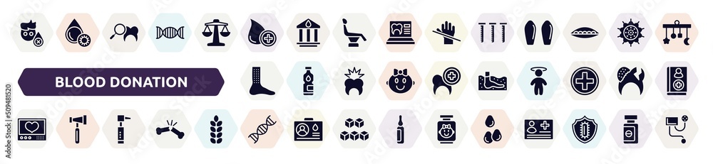 blood donation filled icons set. glyph icons such as sleep deprivation, donor, blood sample, urticaria, thalassotherapy, heart rate monitor, otoscope, adn, sesame icon. - obrazy, fototapety, plakaty 