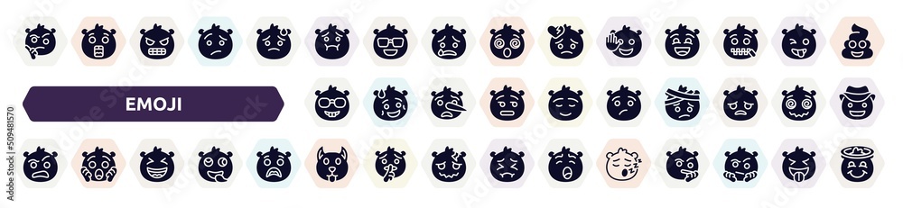 emoji filled icons set. glyph icons such as wondering emoji, nauseated emoji, hello nerd annoyed sceptic laugh dog sleep icon. emoji filled icons set. glyph icons such as wondering emoji, nauseated emoji, hello nerd annoyed sceptic laugh dog sleep icon.