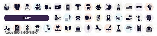 baby filled icons set. glyph icons such as herbal tea, icu, stoh, calcium, funeral, trans fat, lupin, donors, alternative medicine icon.
