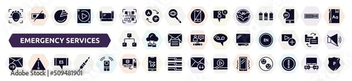 emergency services filled icons set. glyph icons such as face scan, qr scan, , ethernet, send mail, spanish language, data sharing, vibration