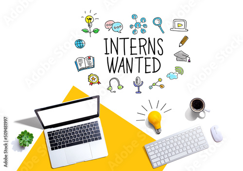 Interns Wanted with computers and a light bulb