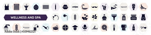 wellness and spa filled icons set. glyph icons such as tank top, eyebrow pencil, ice tea, hair tie, fragance, bathing, hair pins, foam, lemon juice icon.