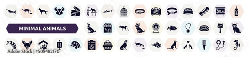 minimal animals filled icons set. glyph icons such as big swordfish, dog and veterinarian, dog leads, sitting dog, big piranha, big shrimp, pet shelter, cat health list, seatting icon.