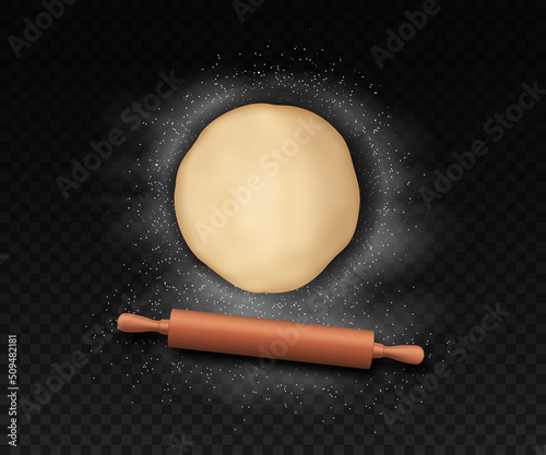 Realistic dough with rolling pin. Advertising poster or banner for restaurant, cafe or flour site. Cooking delicious food. Tools for cook, modern marketing on Internet. Isometric vector illustration