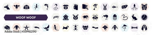 woof woof filled icons set. glyph icons such as doberman dog head, poisonous cobra, rabbit head, swimming turtle, kiwi eating, angry dog, starfish with dots, curved lizard, stingray with long tail,
