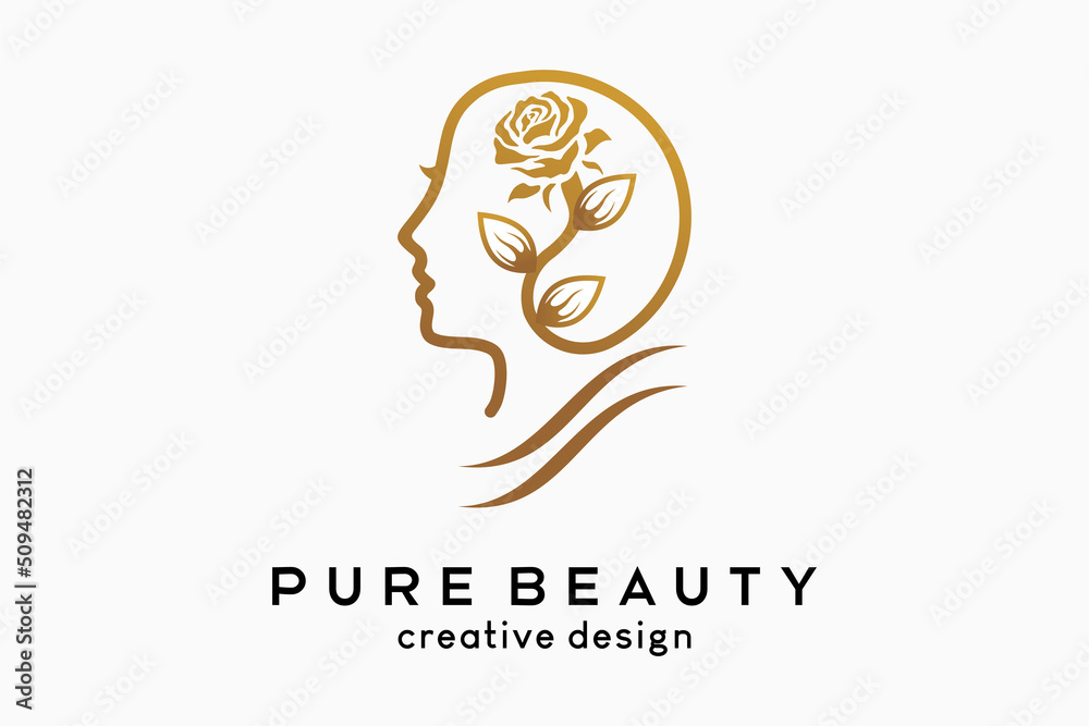 Simple and elegant feminine logo for beauty business, flowers and leaves combined with women's head in fancy line art Simple and elegant feminine logo for beauty business, flowers and leaves combined with women's head in fancy line art