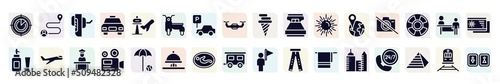 airport and travel filled icons set. glyph icons such as airplanes on radar, breathalyzer, sidecar, king size, no photos, aviation, camera recorder, nursing room, modern hotel icon.