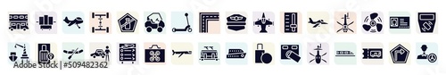 driving school filled icons set. glyph icons such as double decker, small plane, all terrain, military airplane bottom view, helicopter black shape top view, luggage locker, authorized dealer,
