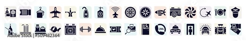 airport filled icons set. glyph icons such as passport control, hanger with a towel, hang, compass with cardinal points, ventilation, swimming pool ladder, airplane travel around the world, covered
